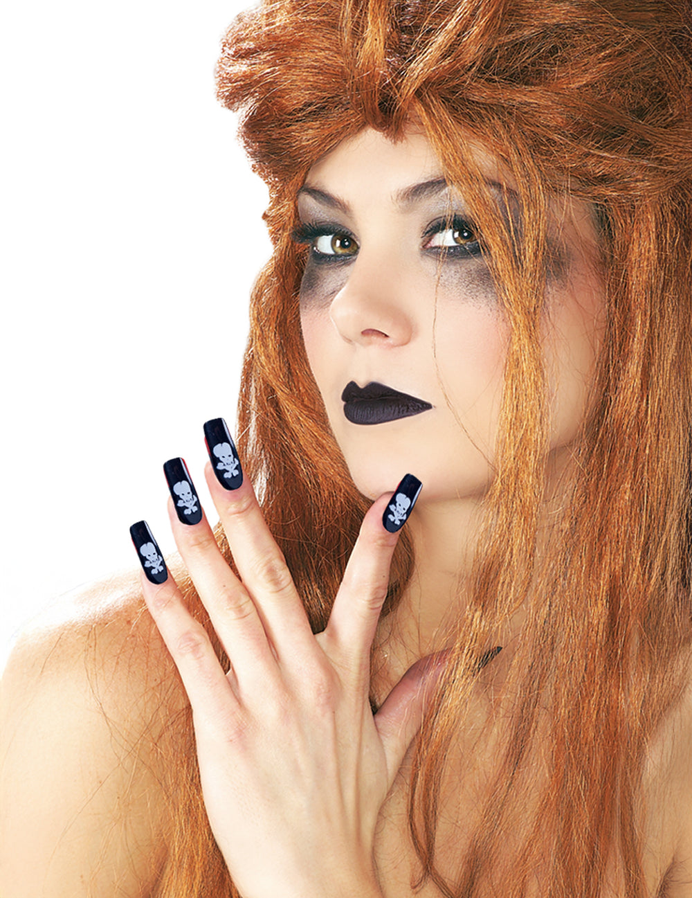 Kit rouge à lèvre et faux ongles tête de mort pour adulte noir et blanc