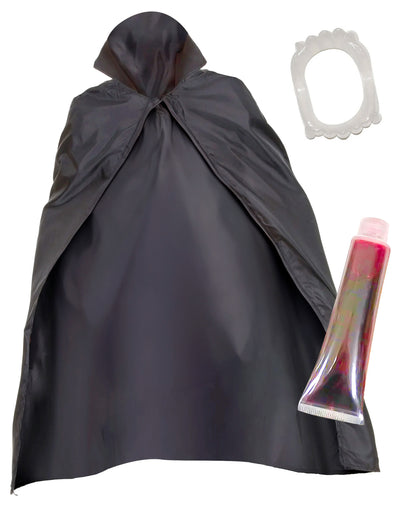 Kit de vampire pour adulte noir avec cape, dentier et faux sang