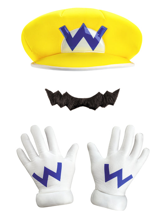 Kit Wario Nintendo® pour adulte jaune avec moustache et gants blancs