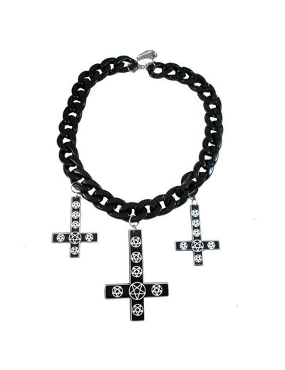 Collier gothique avec 3 croix pour adulte noir à grosses mailles