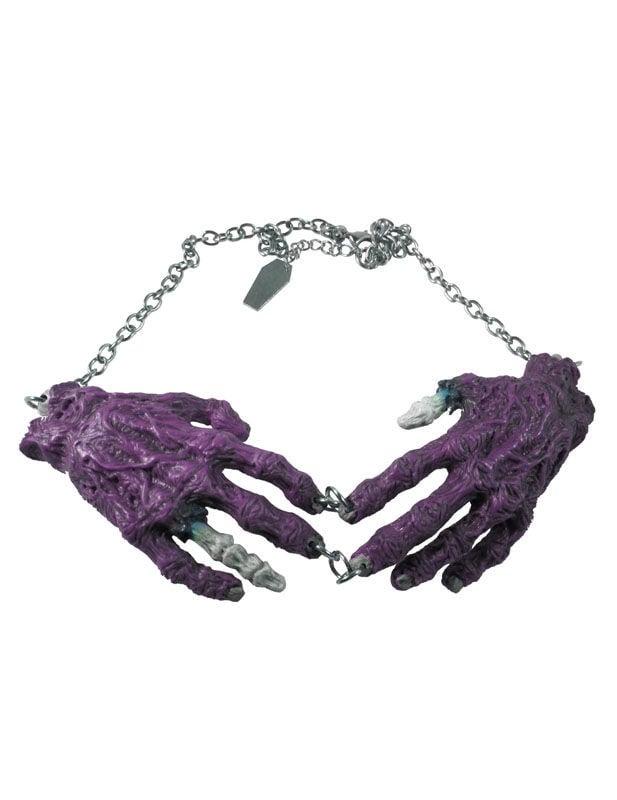 Collier gothique mains zombies pour adulte violet avec chaîne argentée