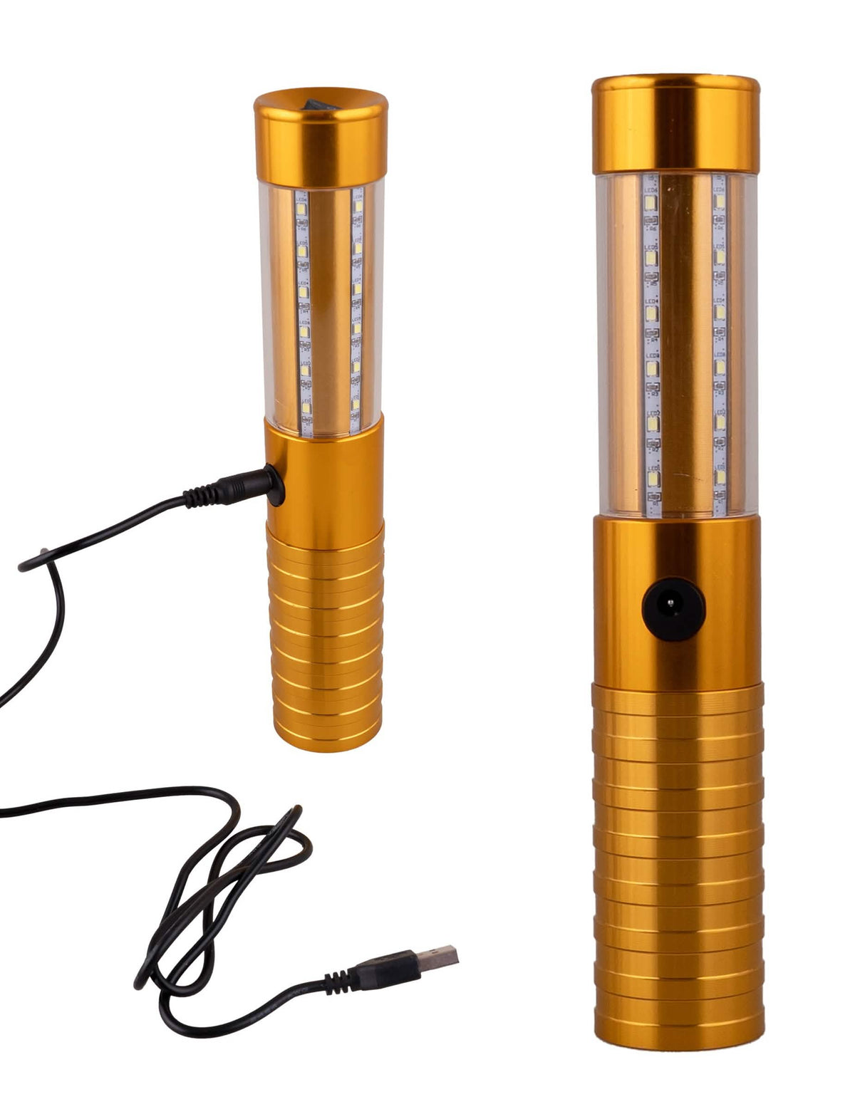 USB-kábel és a LED-es csillogó lámpa töltőportja palack arany