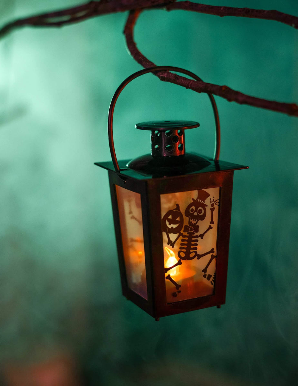 Közelkép a lámpásról, amely egy ágra van felfüggesztve, a világító halloween lámpásról csontvázzal és tökkel