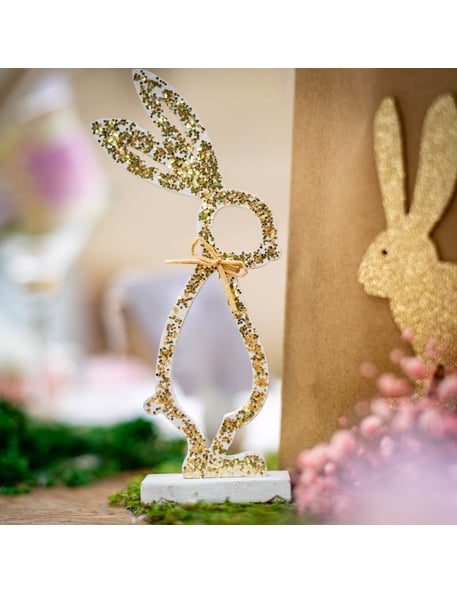 Nyuszi fehér fa alapon arany csillámporral 18 cm húsvétra