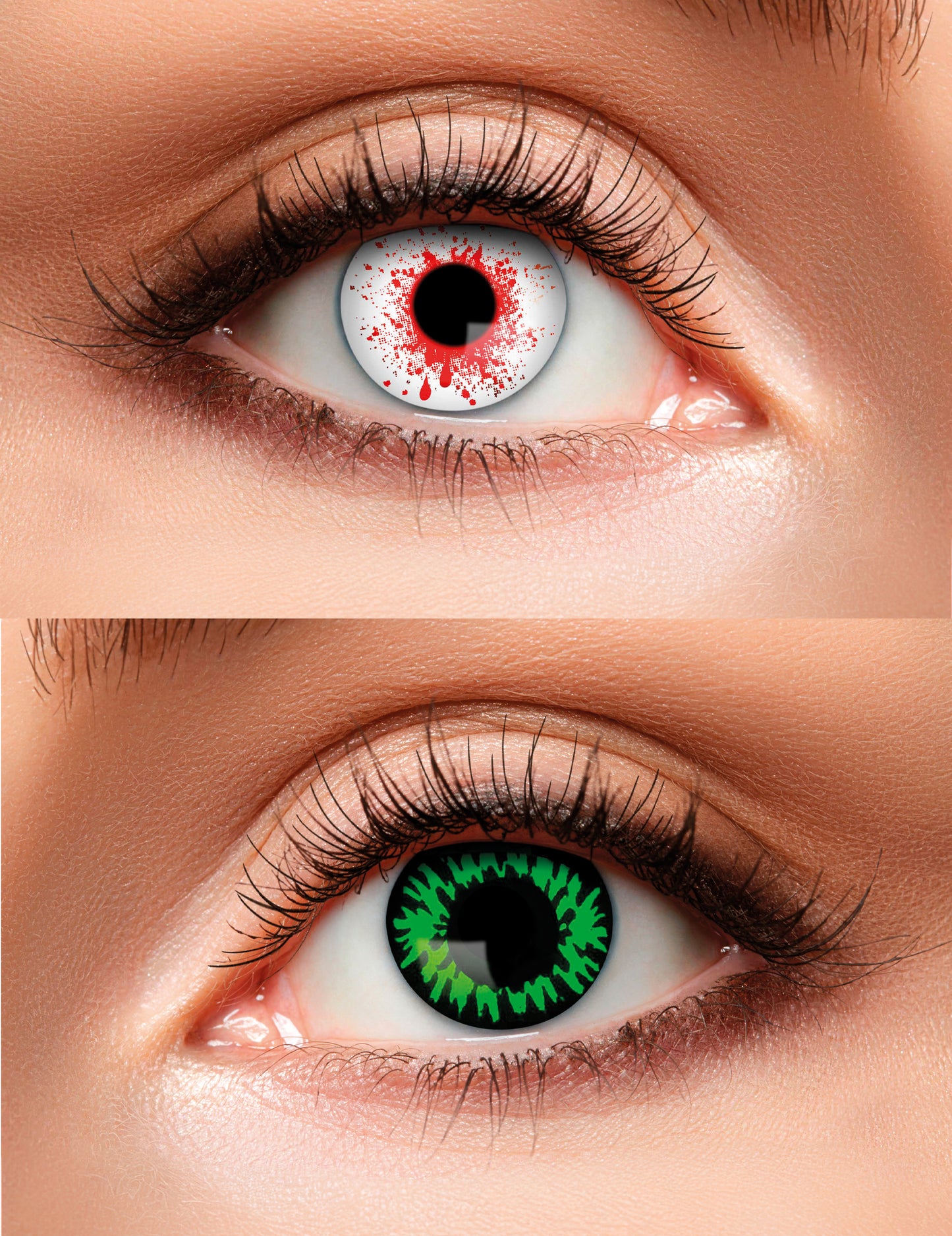 Lentilles duo sanglant et vert pour adulte blanches à taches rouges et noires à motifs verts