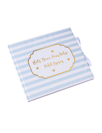 Vendégkönyv, kis kincs, kék és arany csíkos, 22 x 19,5 cm cm babaváró buli