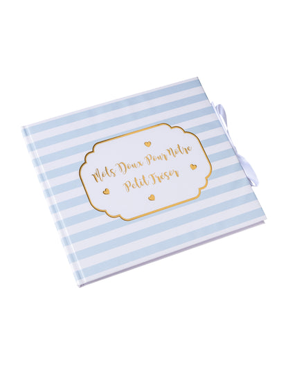 Livre d'or petit trésor pour baby shower rayé bleu et doré