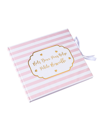 Kis, csodálatos rózsaszín csíkos vendégkönyv arany szegéllyel, 22 x 19,5 cm cm 68 oldal