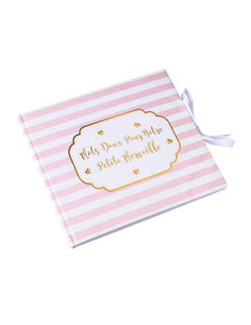 Kis, csodálatos rózsaszín csíkos vendégkönyv arany szegéllyel, 22 x 19,5 cm cm 68 oldal