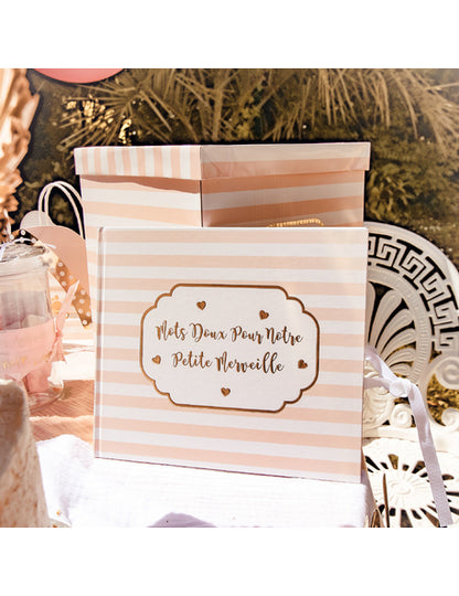 Kis, csodálatos rózsaszín csíkos vendégkönyv arany szegéllyel, 22 x 19,5 cm cm 68 oldal