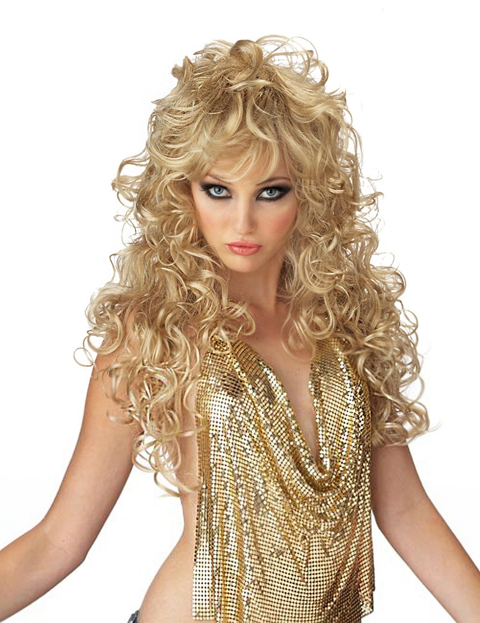 Longue perruque 80's pour femme blonde bouclée