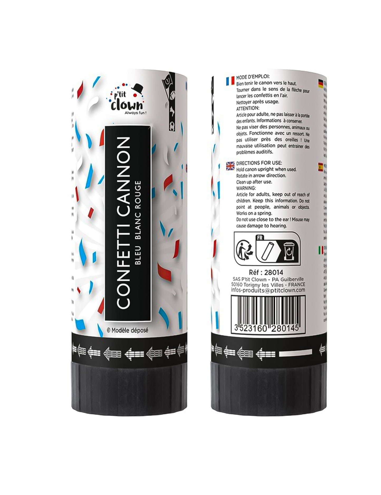 Vue de face et de dos du lot de 2 canons à confettis France
