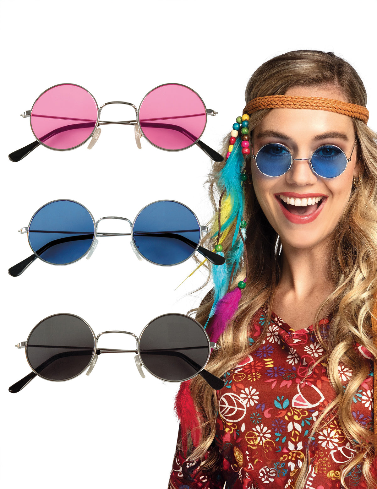 Lot de 3 lunettes rondes hippies pour adulte rose, bleu et noir