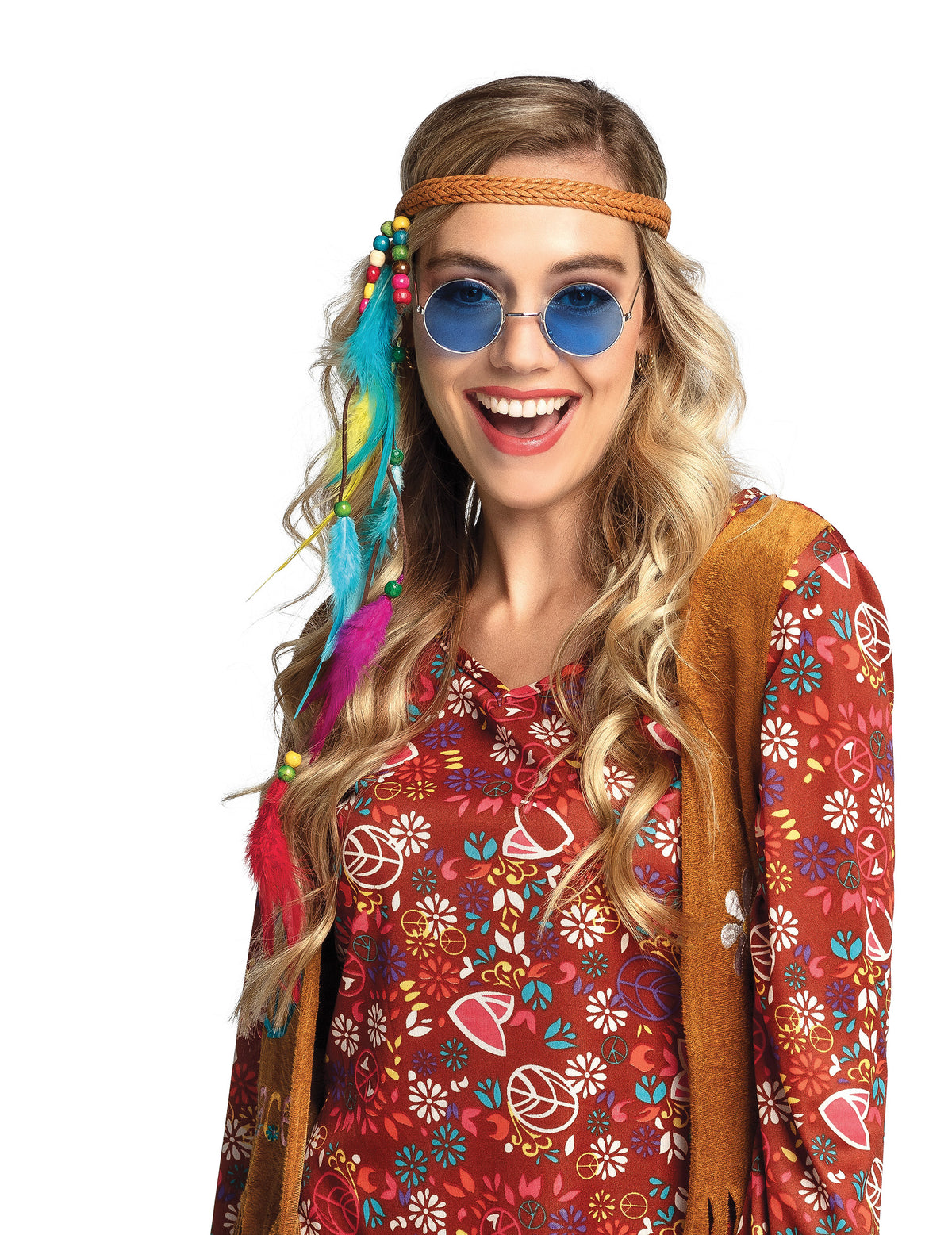 Détail des lunettes bleues portées du lot de 3 lunettes rondes hippies pour adulte