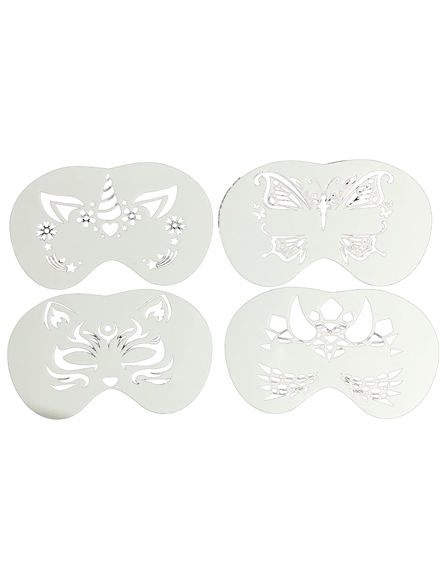 Détail des motifs licorne, papillon, chat et dragon du lot de 4 pochoirs maquillage animaux pour enfant