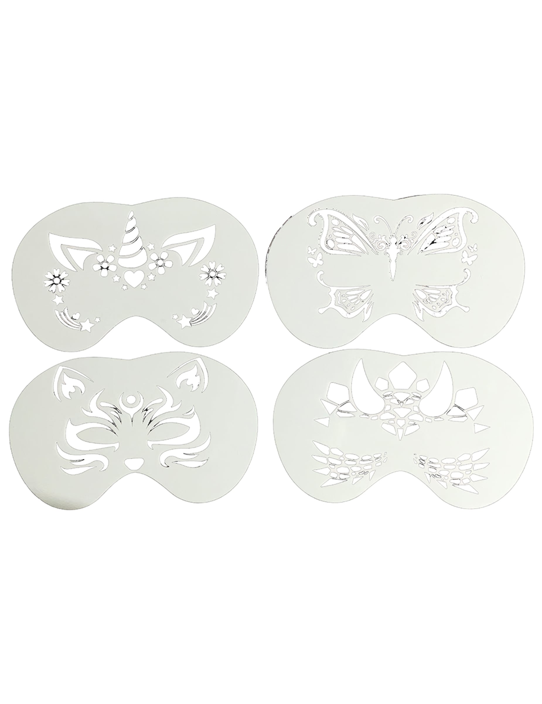 Détail des motifs licorne, papillon, chat et dragon du lot de 4 pochoirs maquillage animaux pour enfant