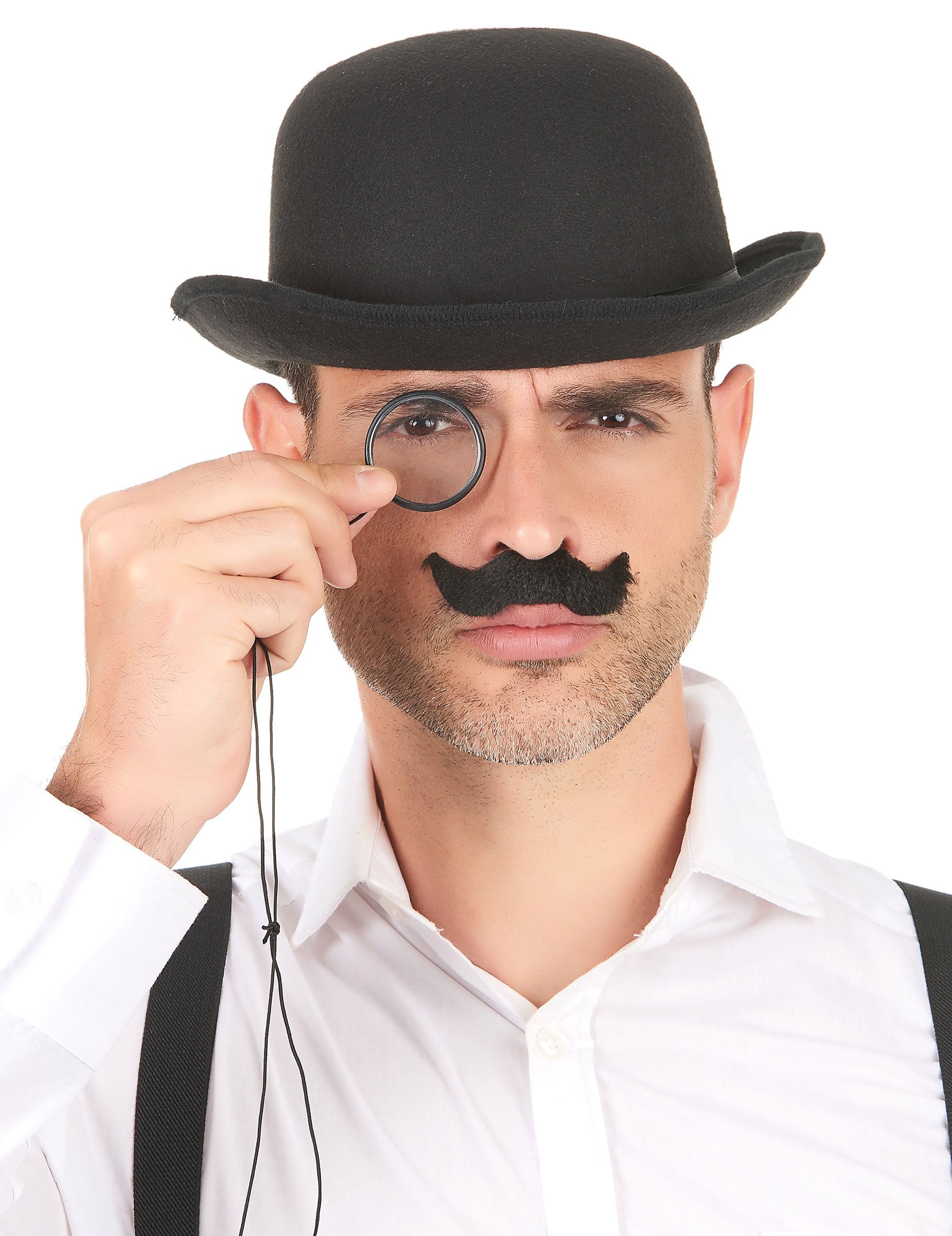 Moustache noire portée avec un monocle du lot de 6 moustaches adulte