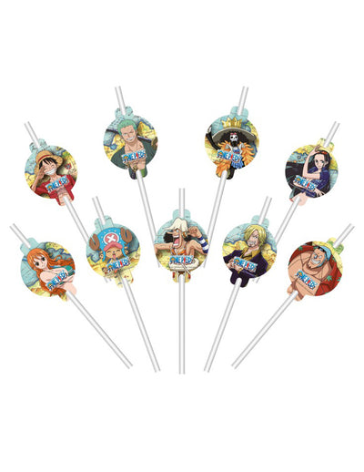 Lot de 9 pailles en papier avec médaillons One Piece multicolores avec personnages de l'équipage