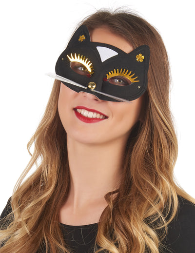 Loup de chat pour adulte noir avec cils dorés et moustaches