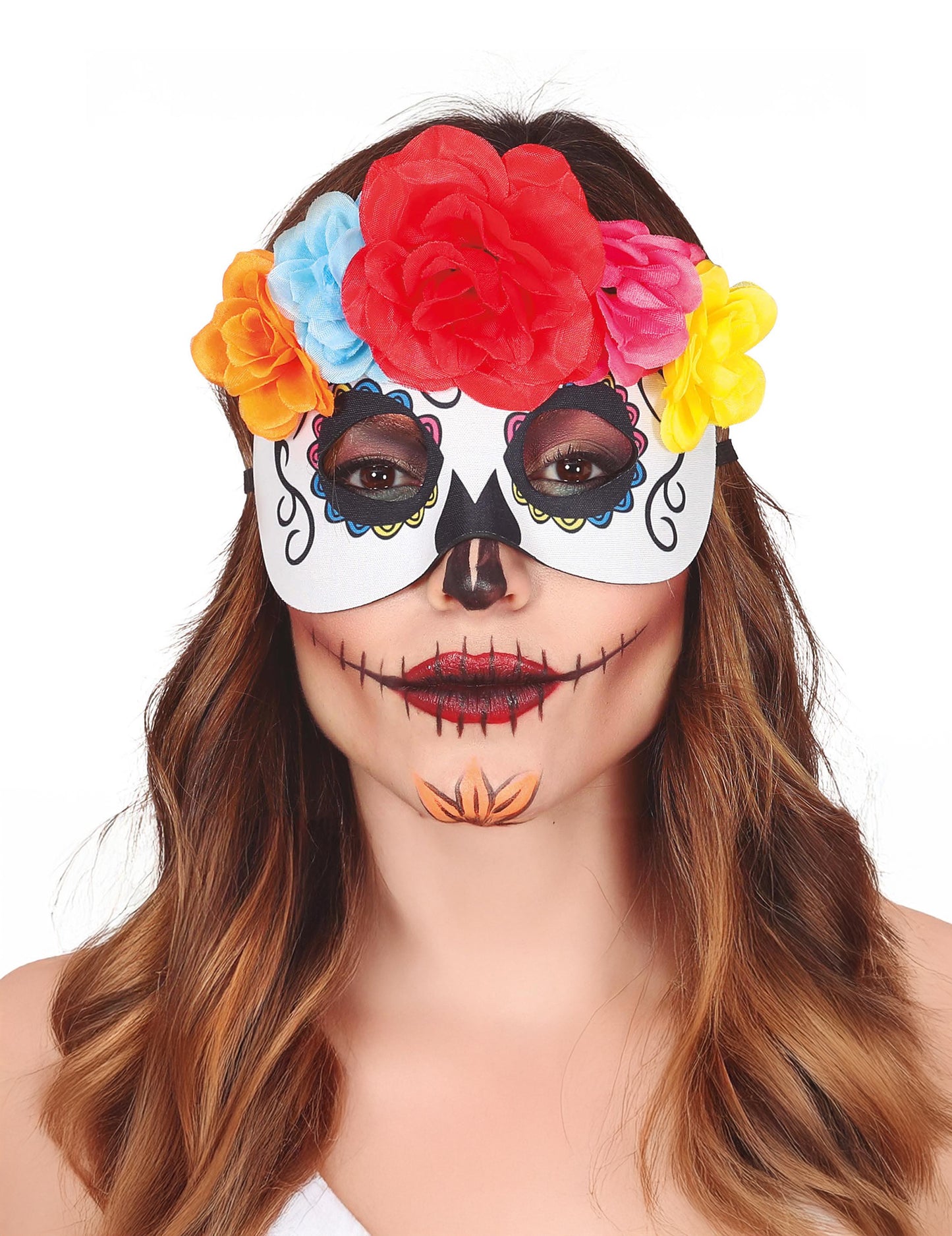 Loup fleurs colorées Dia de los muertos pour adulte blanc avec fleurs rouges jaunes et bleues