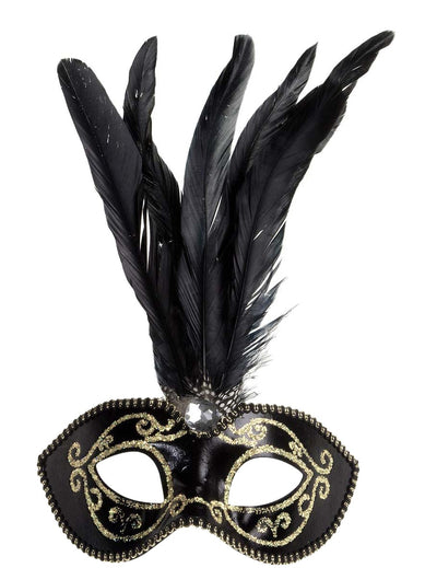 Loup à plumes noir et or pour adulte noir et doré avec paillettes