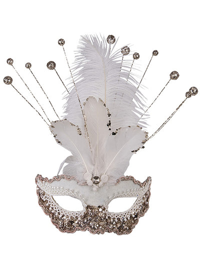 Loup pailleté blanc luxe pour femme avec plumes et paillettes argentées