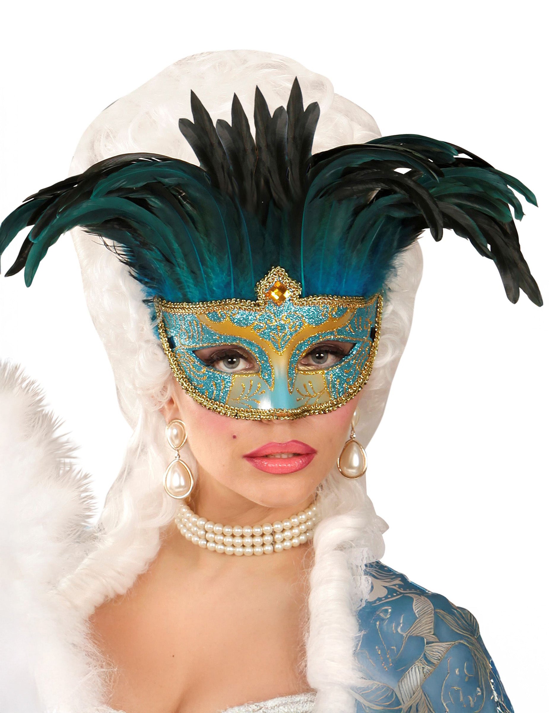 Loup vénitien pour adulte bleu et or à plumes noires et turquoises