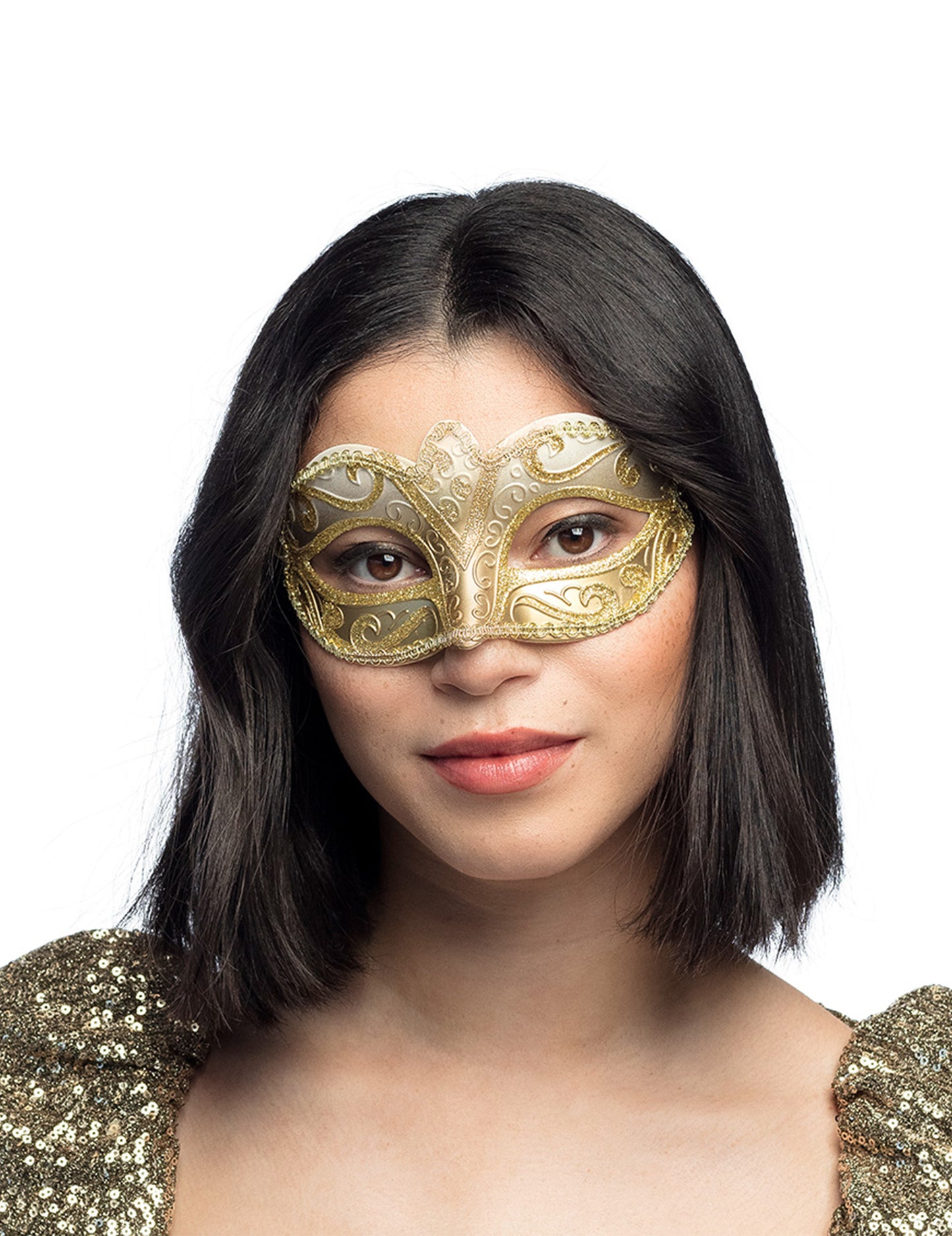 A női arany és fehér csillogó velencei maszk elölnézeti képe