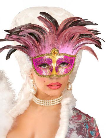 Felnőtt rózsaszín és arany velencei farkas tollakkal