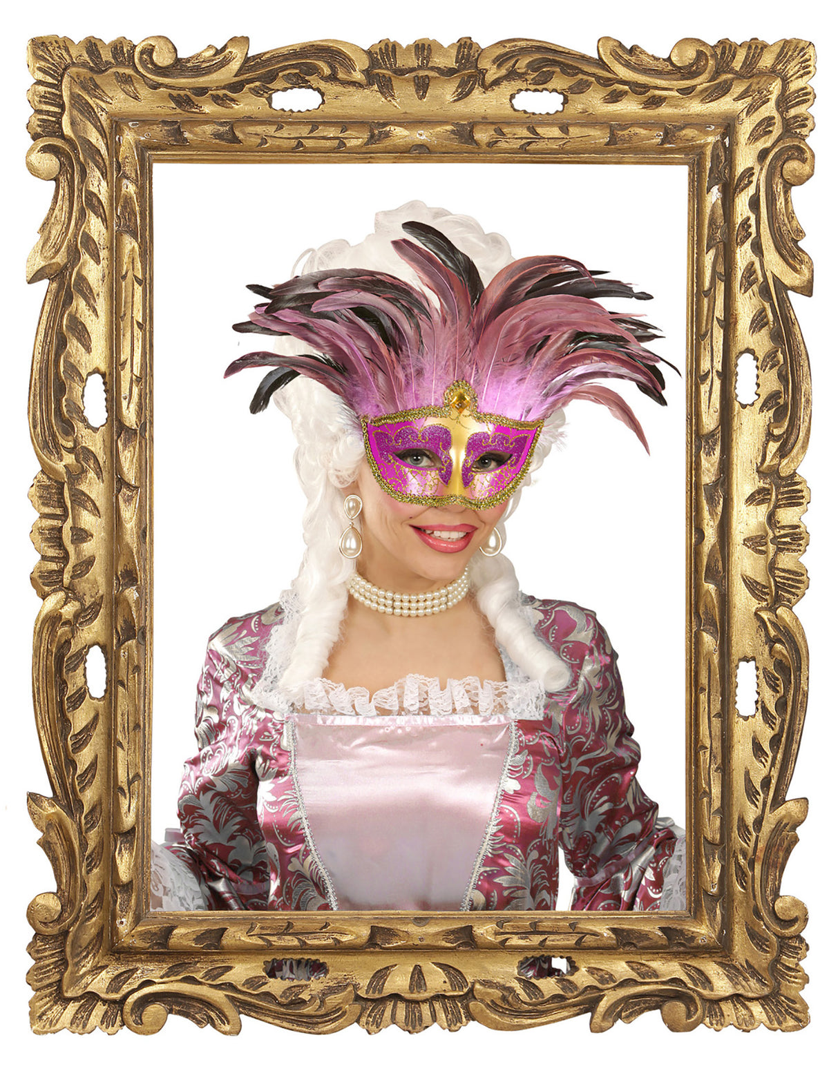 Mise en scène avec cadre doré du loup vénitien à plumes pour adulte rose et or