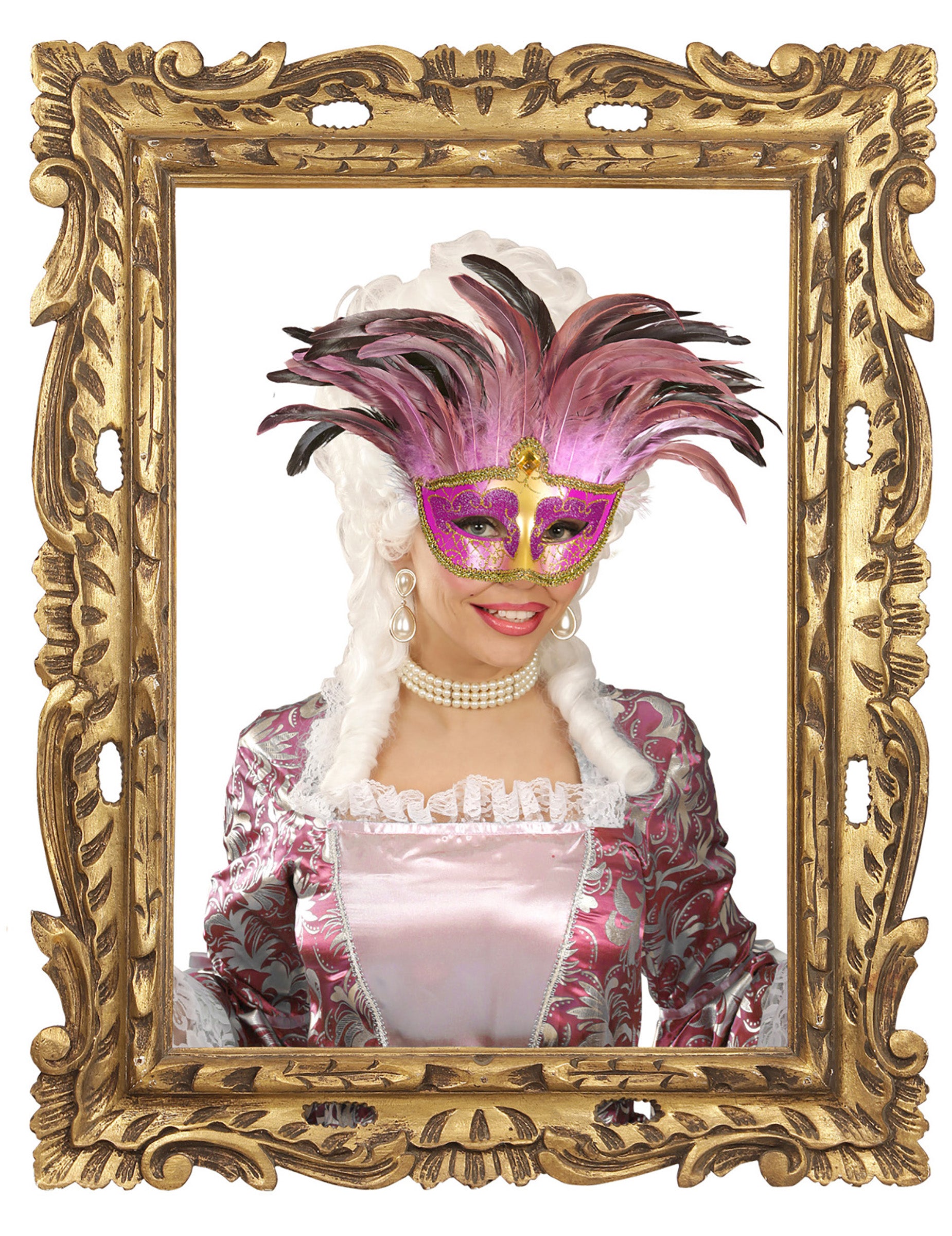 Mise en scène avec cadre doré du loup vénitien à plumes pour adulte rose et or