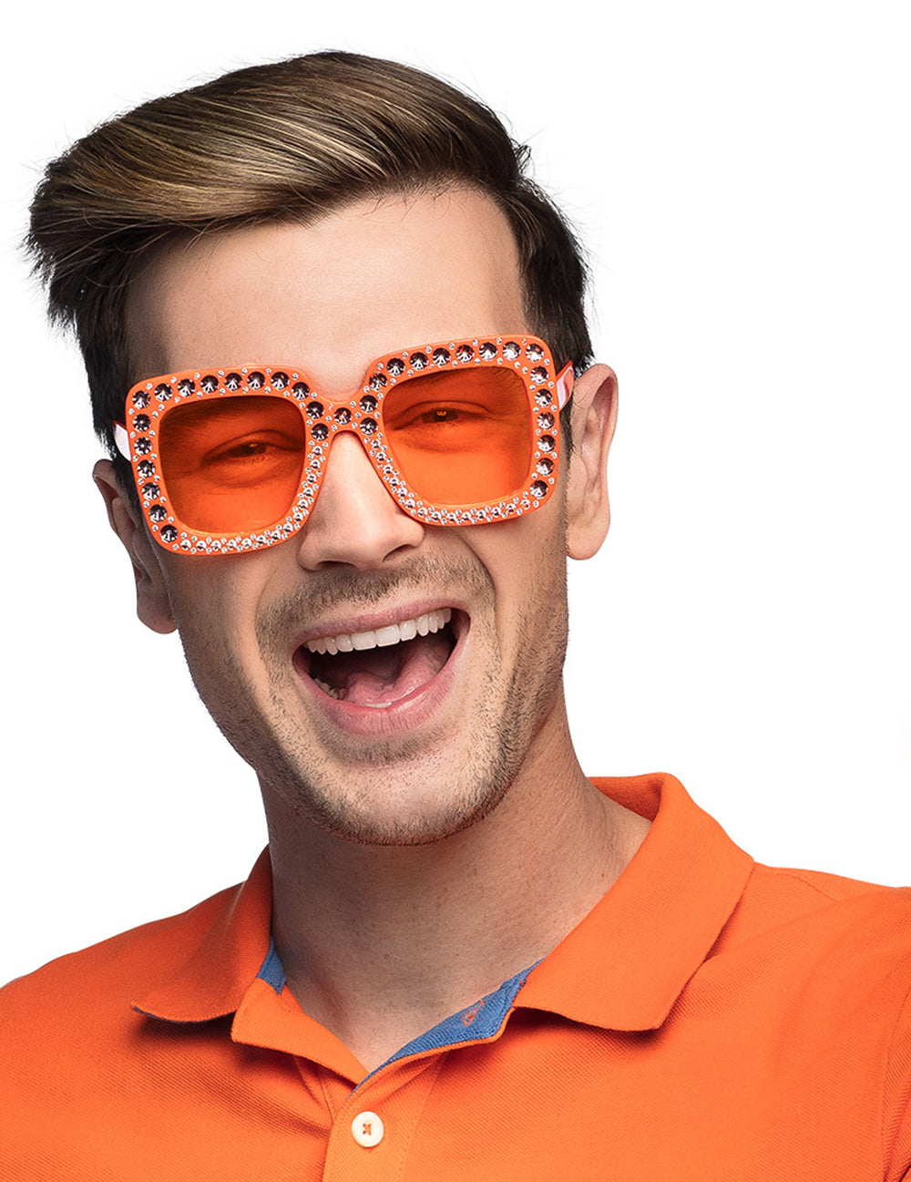 Vue de face des lunettes à strass orange pour adulte