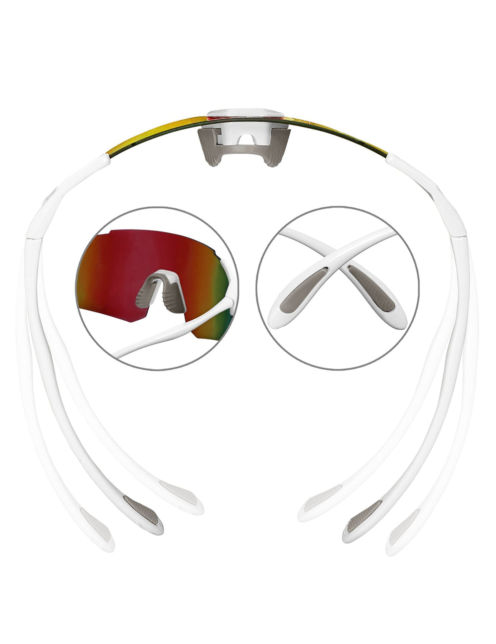 Détails du support nasal et des branches des lunettes de sportif arc en ciel