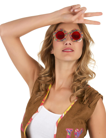 Lunettes Hippie fleur pour adulte à motifs de fleurs et verres rouges