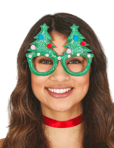 Lunettes humoristiques sapins de Noël pour adulte vertes pailletées avec pompons