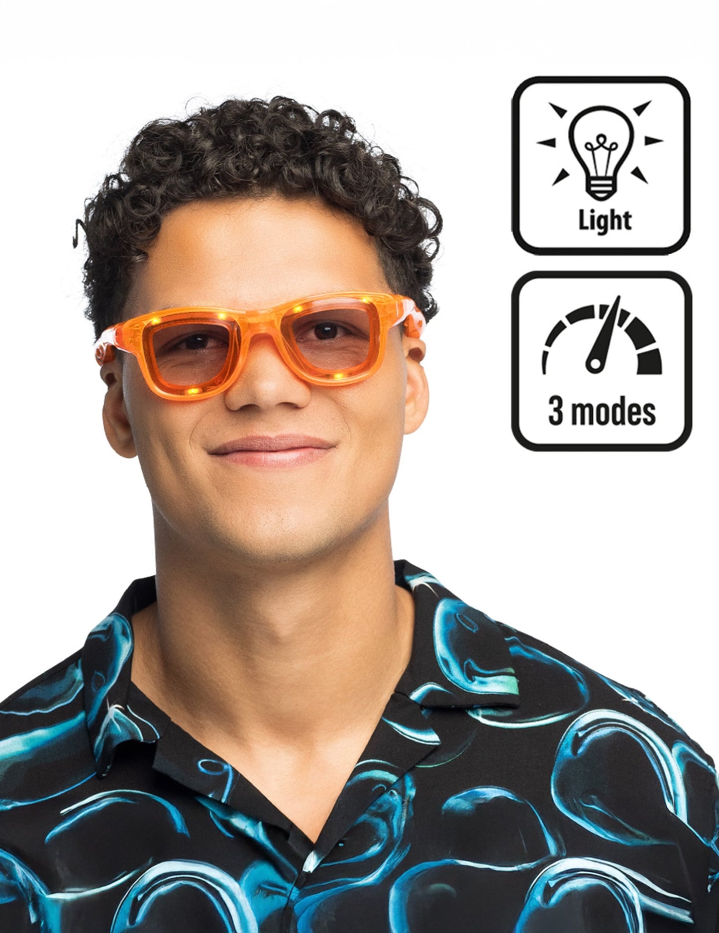 Détail des modes d'éclairage des lunettes lumineuses à LED pour adulte oranges