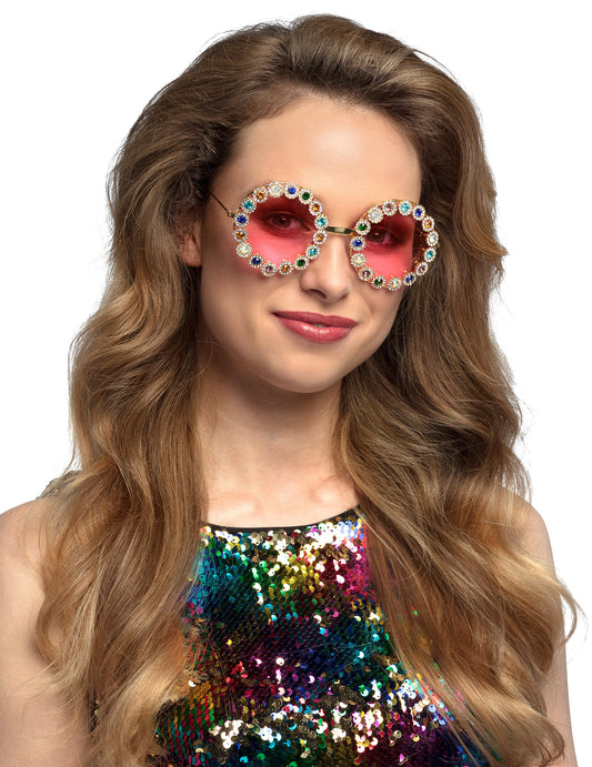 Vue de face des lunettes rondes à strass colorés pour adulte