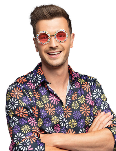 Lunettes rondes à strass colorés pour adulte dorées avec verres roses