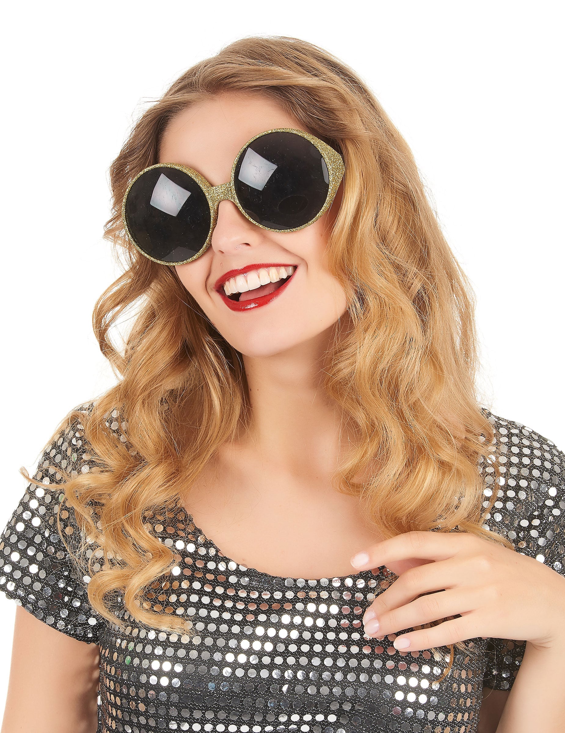 Vue de face portée des lunettes rondes paillettées pour adulte or