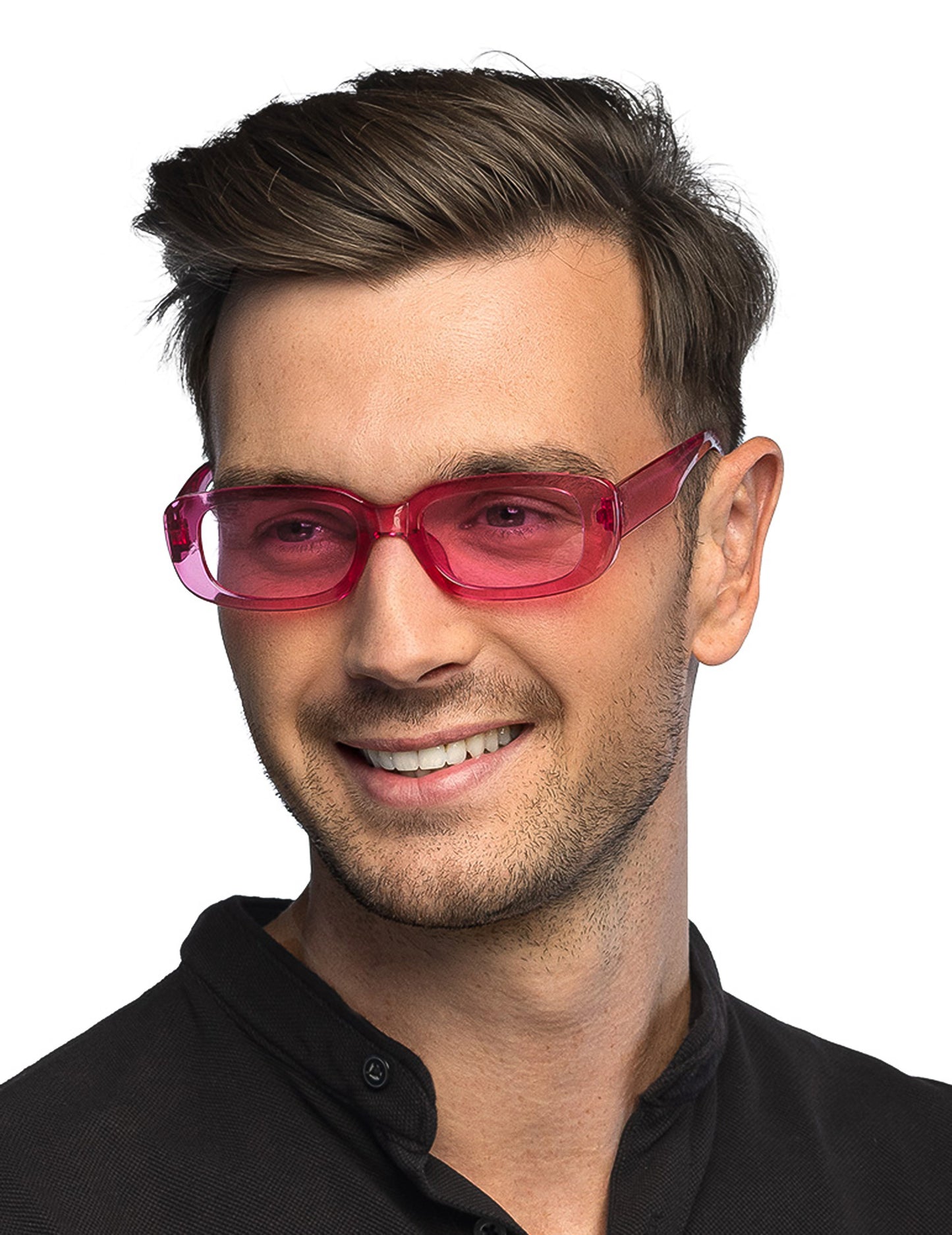 Vue de face portée des lunettes roses transparentes pour adulte turn off