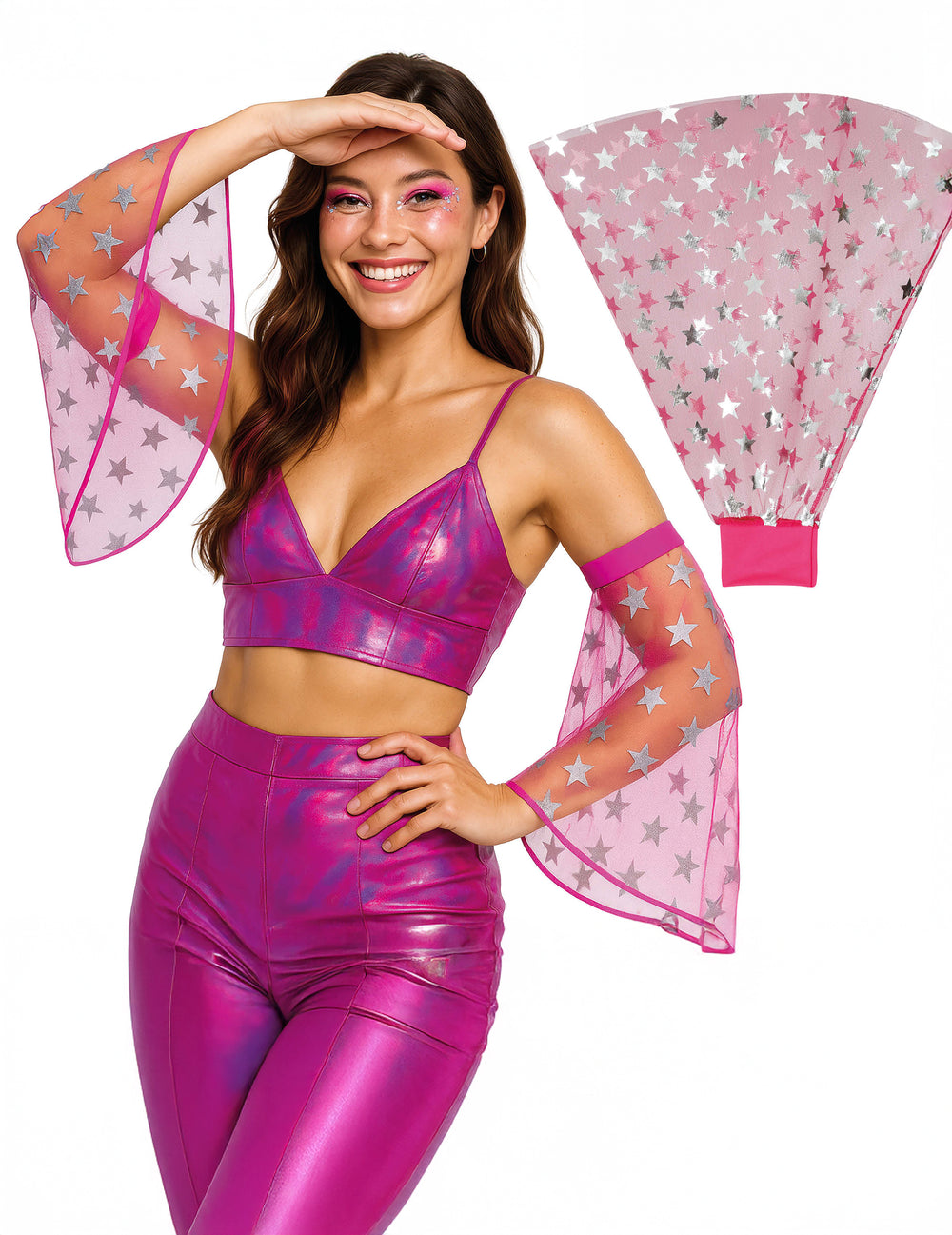 Manchettes disco étoiles pour femme roses avec motifs argentés
