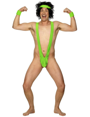 Mankini Borat™ pour homme vert fluo avec bandeau et poignets assortis