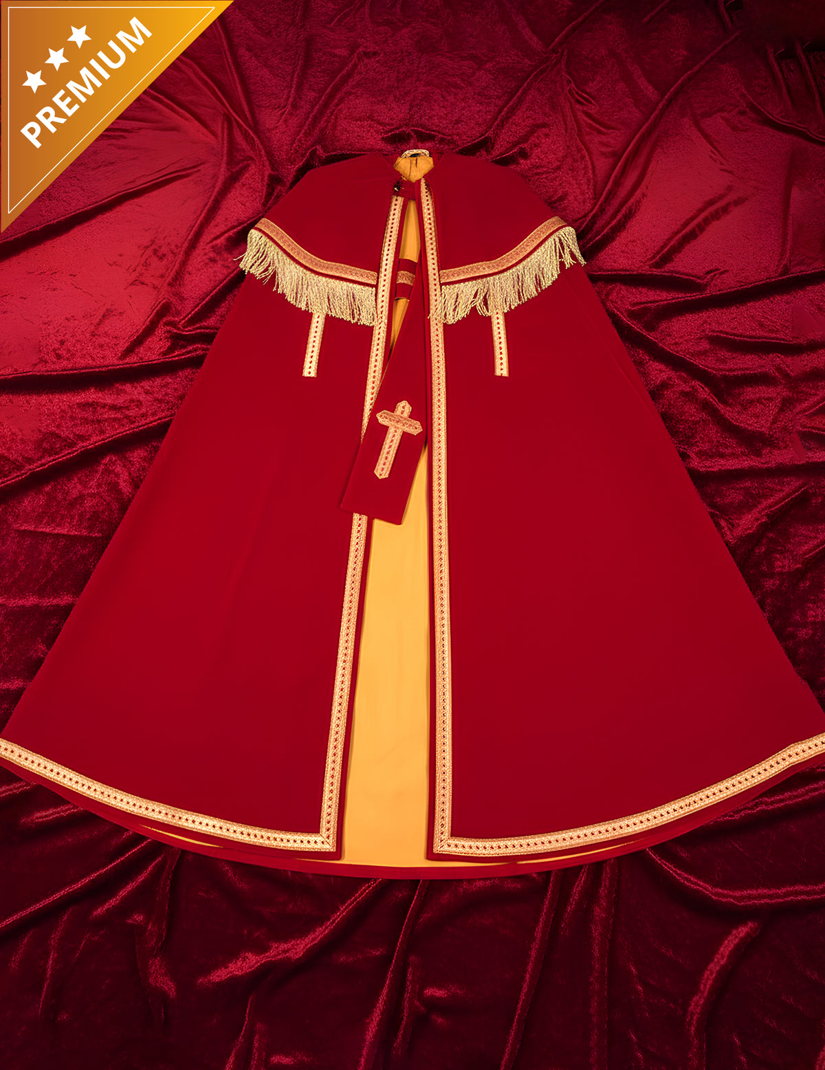 Manteau de Saint-Nicolas modèle Bram luxe pour adulte en velours rouge et doré