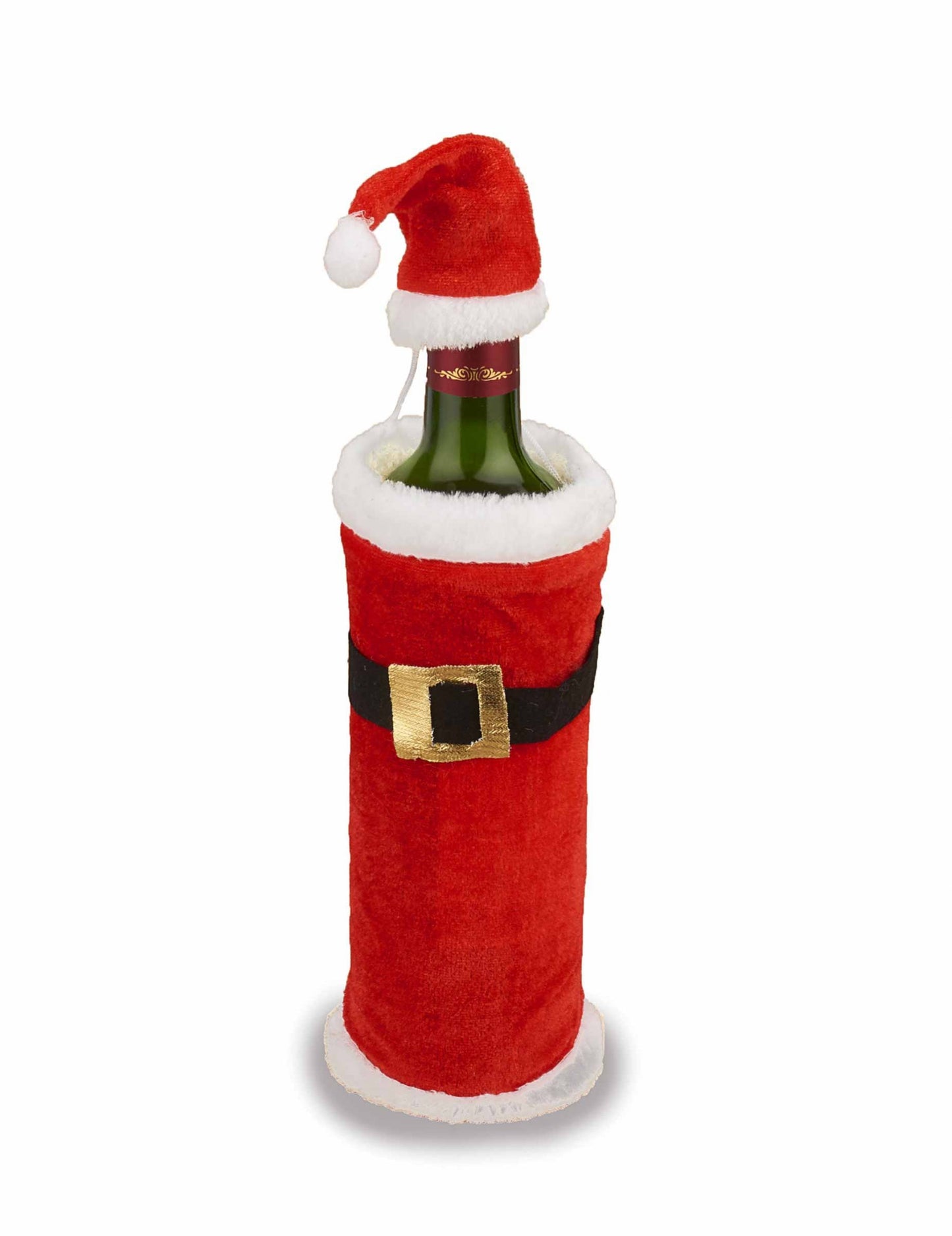 Manteau et bonnet de Noël pour bouteille rouge et blanc avec ceinture dorée