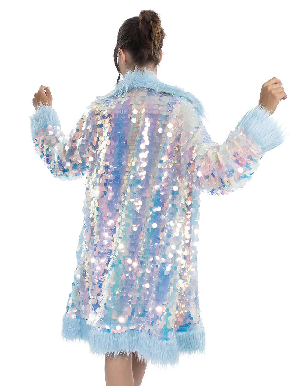 Vue de dos du manteau réversible à paillettes et fausse fourrure pour adulte bleu