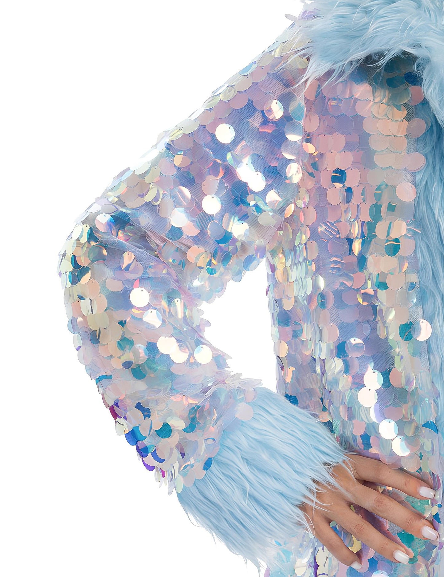 Megfordítható, kék színű, flitteres, műszőrmés kabát felnőtteknek