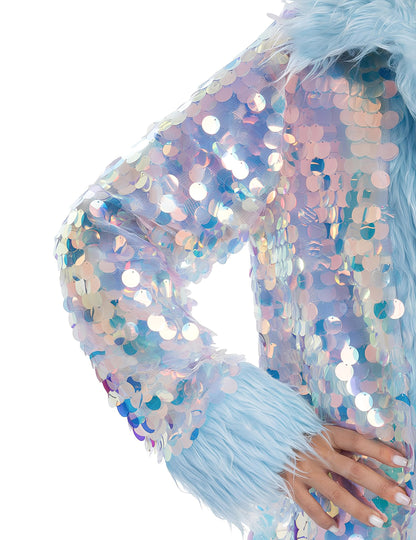 Megfordítható, kék színű, flitteres, műszőrmés kabát felnőtteknek