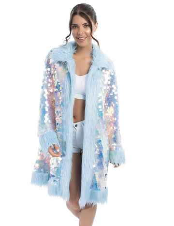 Megfordítható, kék színű, flitteres, műszőrmés kabát felnőtteknek