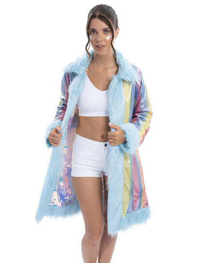 Megfordítható, kék színű, flitteres, műszőrmés kabát felnőtteknek