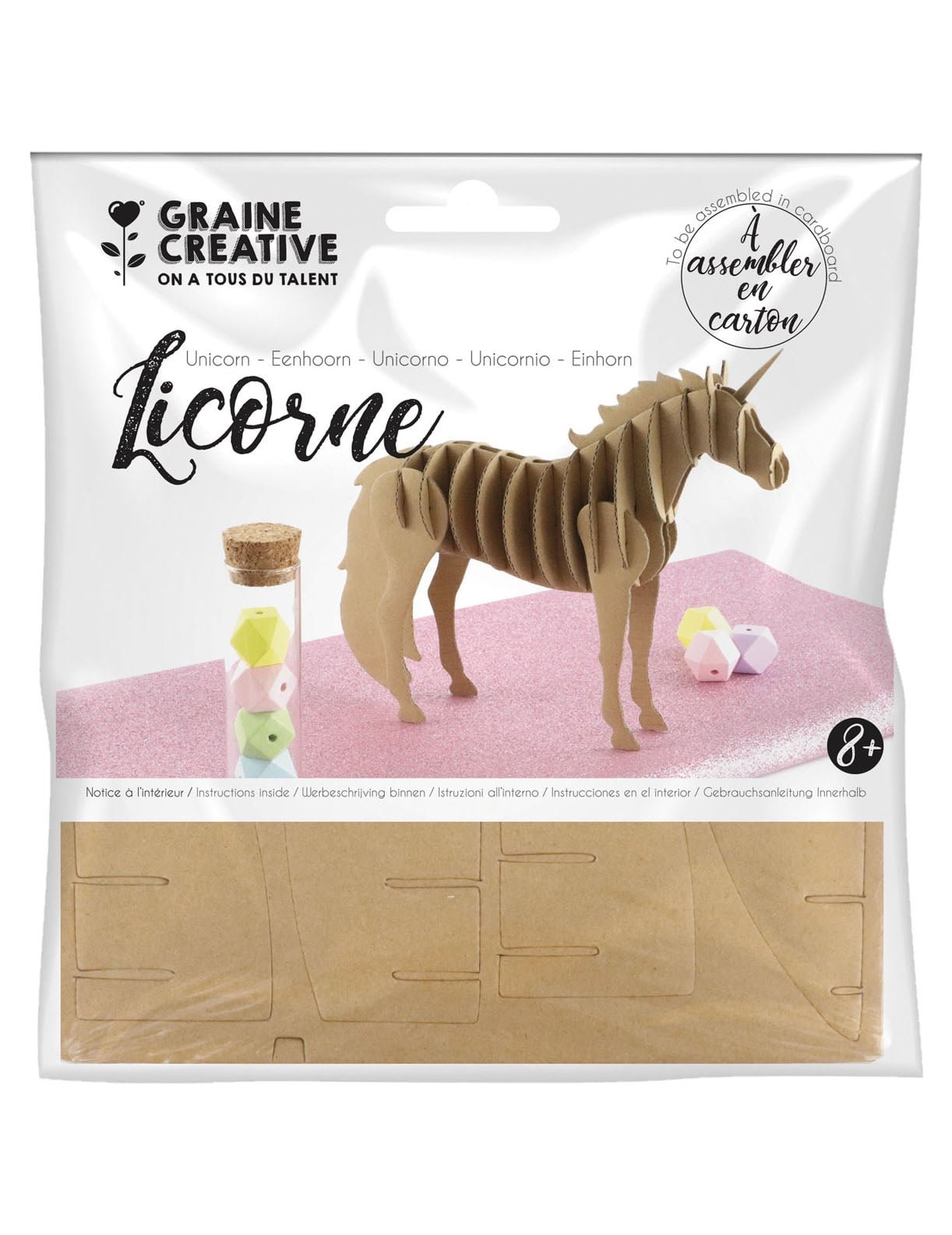 Vue de face de l'emballage de la maquette licorne en carton à monter soi-même